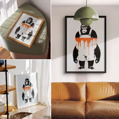 Affiche décorative représentant un gorille en salopette sur un fond orange vif
