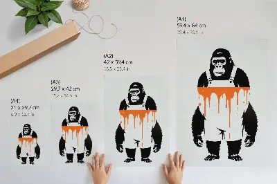Affiche décorative représentant un gorille en salopette sur un fond orange vif