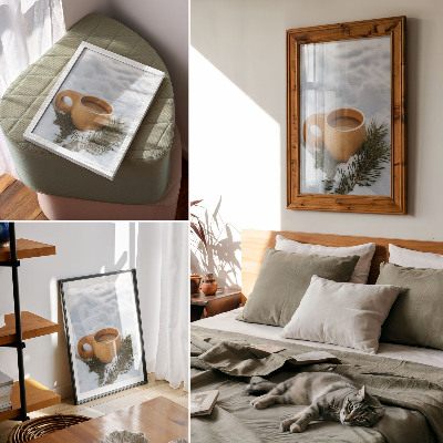 Décoration murale tasse en bois paysage enneigé brindilles vertes