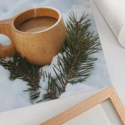 Décoration murale tasse en bois paysage enneigé brindilles vertes