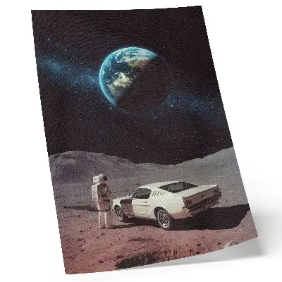 Décoration murale représentant un astronaute sur la Lune avec une voiture et la Terre étoilée