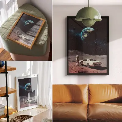 Décoration murale représentant un astronaute sur la Lune avec une voiture et la Terre étoilée