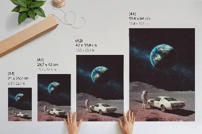 Décoration murale représentant un astronaute sur la Lune avec une voiture et la Terre étoilée