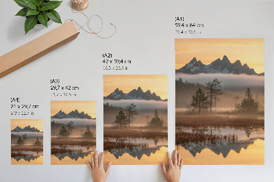 Décoration murale Montagnes, arbres, brouillard, eau calme, reflet