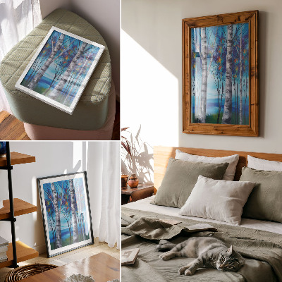 Décoration murale Des bouleaux colorés sur fond bleu avec des accents chauds