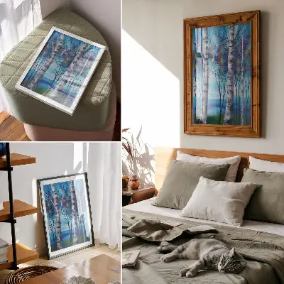 Décoration murale représentant des bouleaux colorés sur fond bleu avec des accents chauds