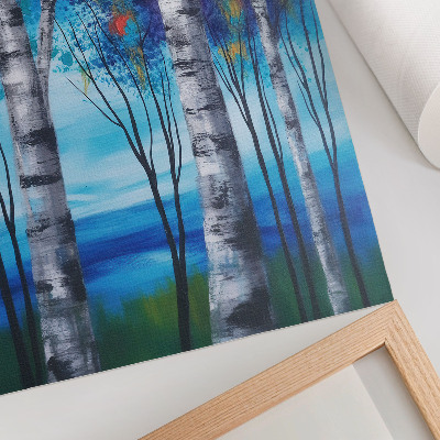 Décoration murale Des bouleaux colorés sur fond bleu avec des accents chauds
