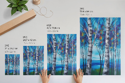 Décoration murale Des bouleaux colorés sur fond bleu avec des accents chauds