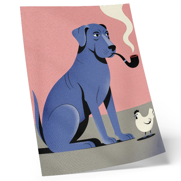 Affiche décorative Chien bleu avec une poule et une pipe sur fond rose
