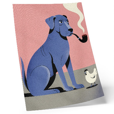 Affiche décorative Chien bleu avec une poule et une pipe sur fond rose