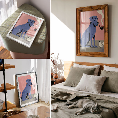 Affiche décorative Chien bleu avec une poule et une pipe sur fond rose