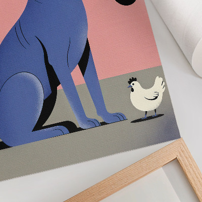 Affiche décorative Chien bleu avec une poule et une pipe sur fond rose