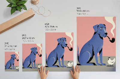 Affiche décorative Chien bleu avec une poule et une pipe sur fond rose