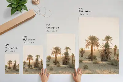 Affiche décorative représentant des palmiers, un soleil et des dunes aux couleurs chaudes