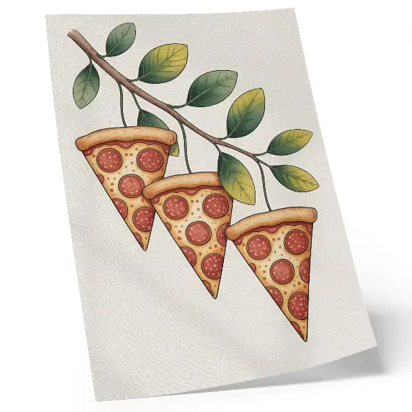 Affiche décorative représentant des parts de pizza aux couleurs joyeuses sur une branche d'arbre