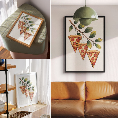 Affiche décorative Des parts de pizza aux couleurs joyeuses sur une branche d'arbre