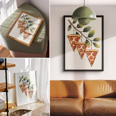 Affiche décorative représentant des parts de pizza aux couleurs joyeuses sur une branche d'arbre