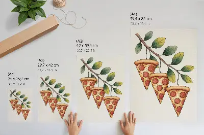 Affiche décorative représentant des parts de pizza aux couleurs joyeuses sur une branche d'arbre