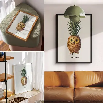 Affiche décorative montrant une combinaison fantaisiste d'ananas et de hibou