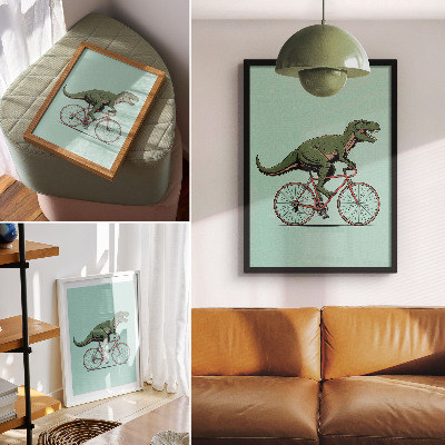 Décoration murale Dinosaure vert à vélo sur fond turquoise
