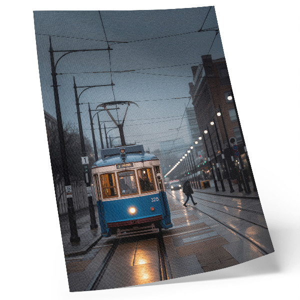 Affiche décorative Tramway bleu, vie citadine par temps de pluie