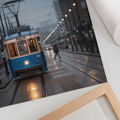 Affiche décorative Tramway bleu, vie citadine par temps de pluie