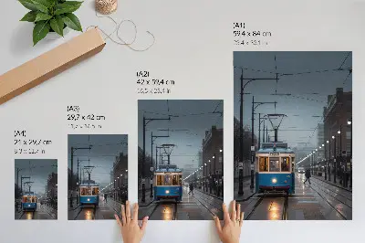 Affiche décorative tramway bleu en ville par temps de pluie