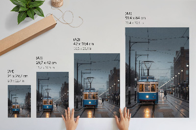 Affiche décorative Tramway bleu, vie citadine par temps de pluie