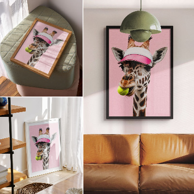 Impression sur toile Girafe amusante avec une casquette et une balle de tennis
