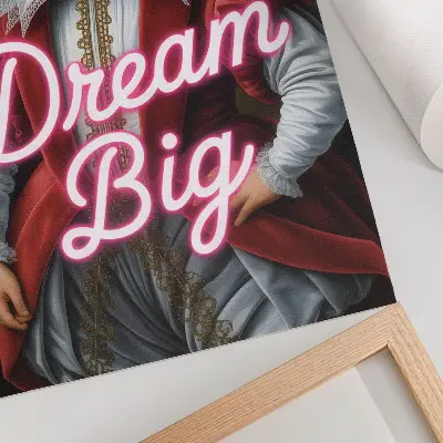 Affiche décorative portrait historique avec inscription au néon et contraste moderne