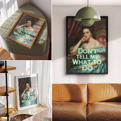 Impression sur toile Une femme dans une pose classique avec une inscription ironique