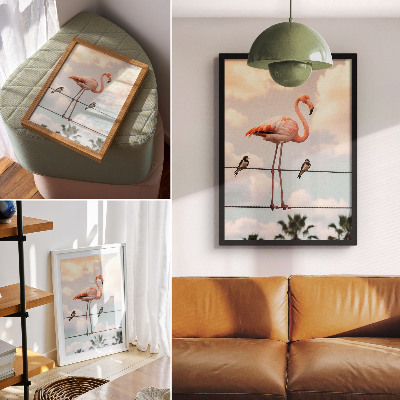 Impression sur toile Flamant rose dans le ciel, nuages, hirondelles naturelles