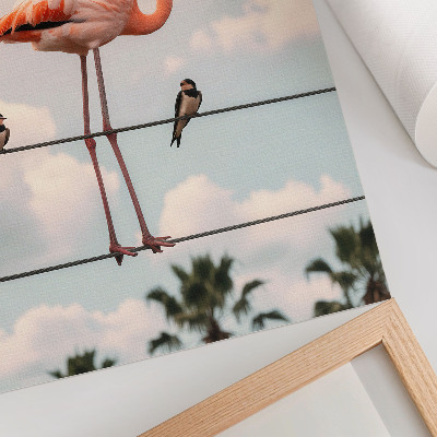 Impression sur toile Flamant rose dans le ciel, nuages, hirondelles naturelles