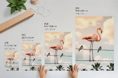 Impression sur toile représentant un flamant rose dans un ciel nuageux avec des hirondelles