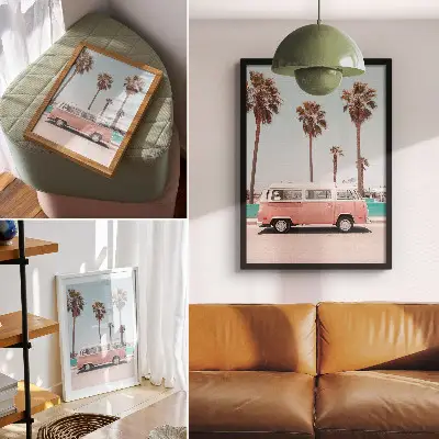 Impression sur toile voiture rose sous un ciel bleu avec de grands palmiers