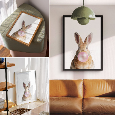 Affiche décorative lapins animaux chewing-gum rose