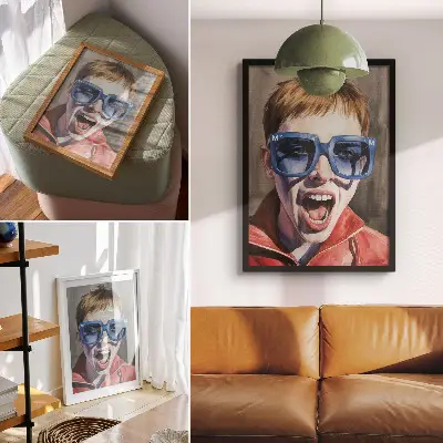 Décoration murale portrait d'une personne à lunettes aux couleurs vives et expressives