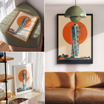 Décoration murale Soleil orange, gratte-ciel moderne aux formes géométriques, formes géométriques