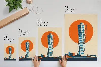 Décoration murale soleil orange et gratte-ciel moderne aux formes géométriques