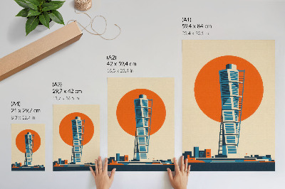Décoration murale Soleil orange, gratte-ciel moderne aux formes géométriques, formes géométriques
