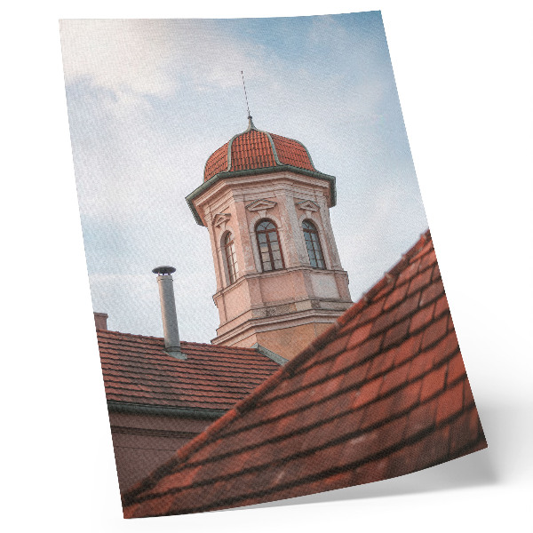 Impression sur toile tour rustique, toit de briques, toit de tuiles, ciel bleu