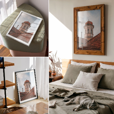 Impression sur toile tour rustique, toit de briques, toit de tuiles, ciel bleu
