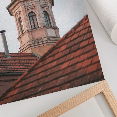 Impression sur toile tour rustique, toit de briques, toit de tuiles, ciel bleu