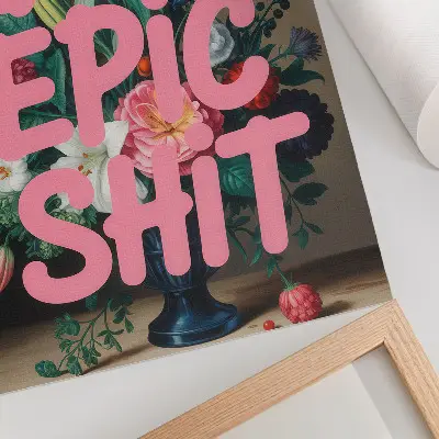 Affiche décorative fleurs colorées avec lettrage rose et contraste saisissant