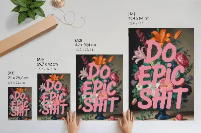 Affiche décorative fleurs colorées avec lettrage rose et contraste saisissant