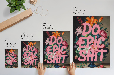 Affiche décorative Fleurs colorées, lettrage rose, contraste saisissant