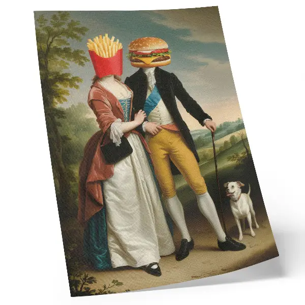 Décoration murale scène surréaliste humoristique avec des têtes, des frites et un hamburger