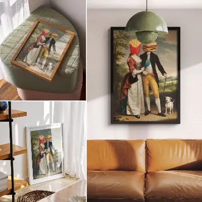 Décoration murale scène surréaliste humoristique avec des têtes, des frites et un hamburger