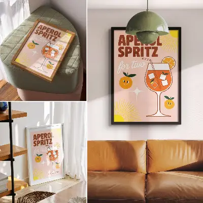 Affiche décorative lettrage orange et jaune avec des fruits souriants
