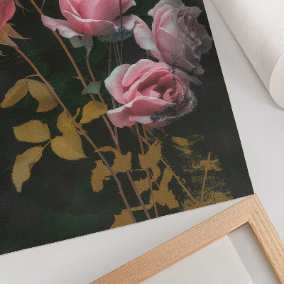 Affiche décorative Roses roses, feuilles vertes, accents dorés, élégance